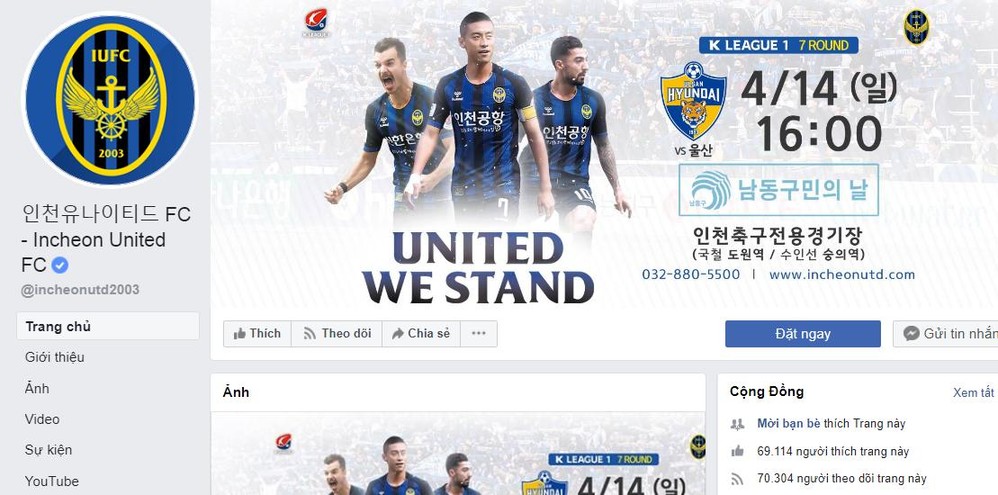 Hơn 70 nghìn người theo dõi trang facebook chính thức của Incheon United