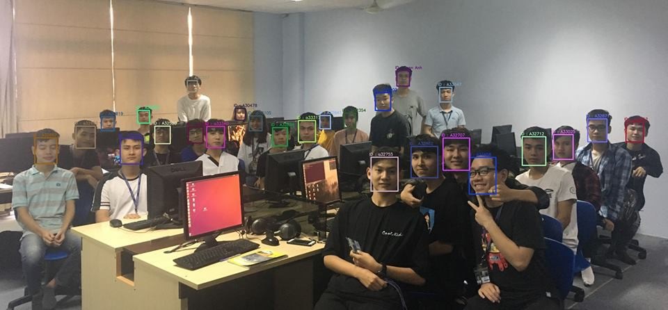  
Các bạn sinh viên điểm danh qua hệ thống nhận diện khuôn mặt