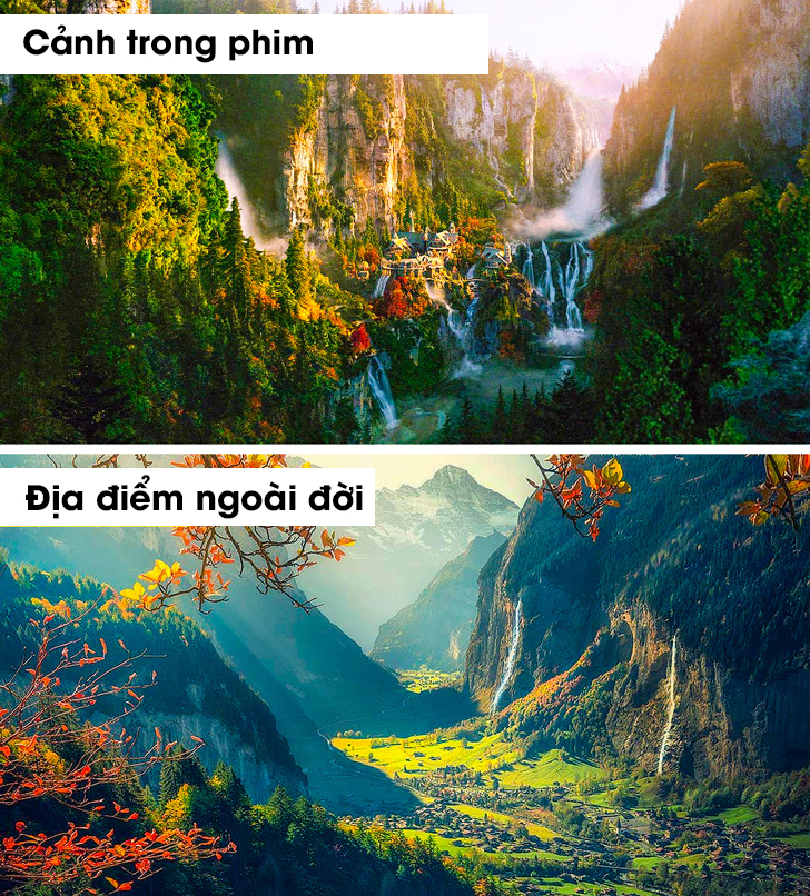  
Rivendell trong phim Chúa Tể Của Những Chiếc Nhẫn và Lauterbrunnen ở Thụy Sĩ.
