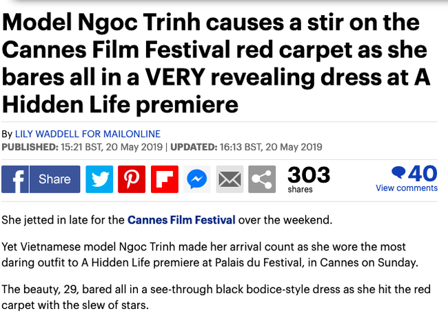  
Màn xuất hiện với chiếc váy xuyên thấu của Ngọc Trinh trên thảm đỏ Cannes 2019 được Dailymail đưa tin. - Tin sao Viet - Tin tuc sao Viet - Scandal sao Viet - Tin tuc cua Sao - Tin cua Sao