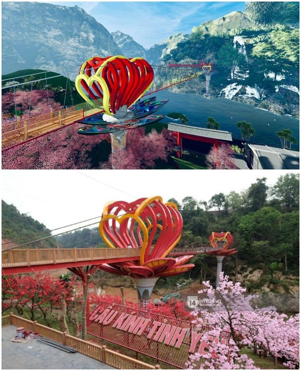  
Ảnh phối cảnh 3D và ảnh thực tế của cây cầu kính ở Mộc Châu