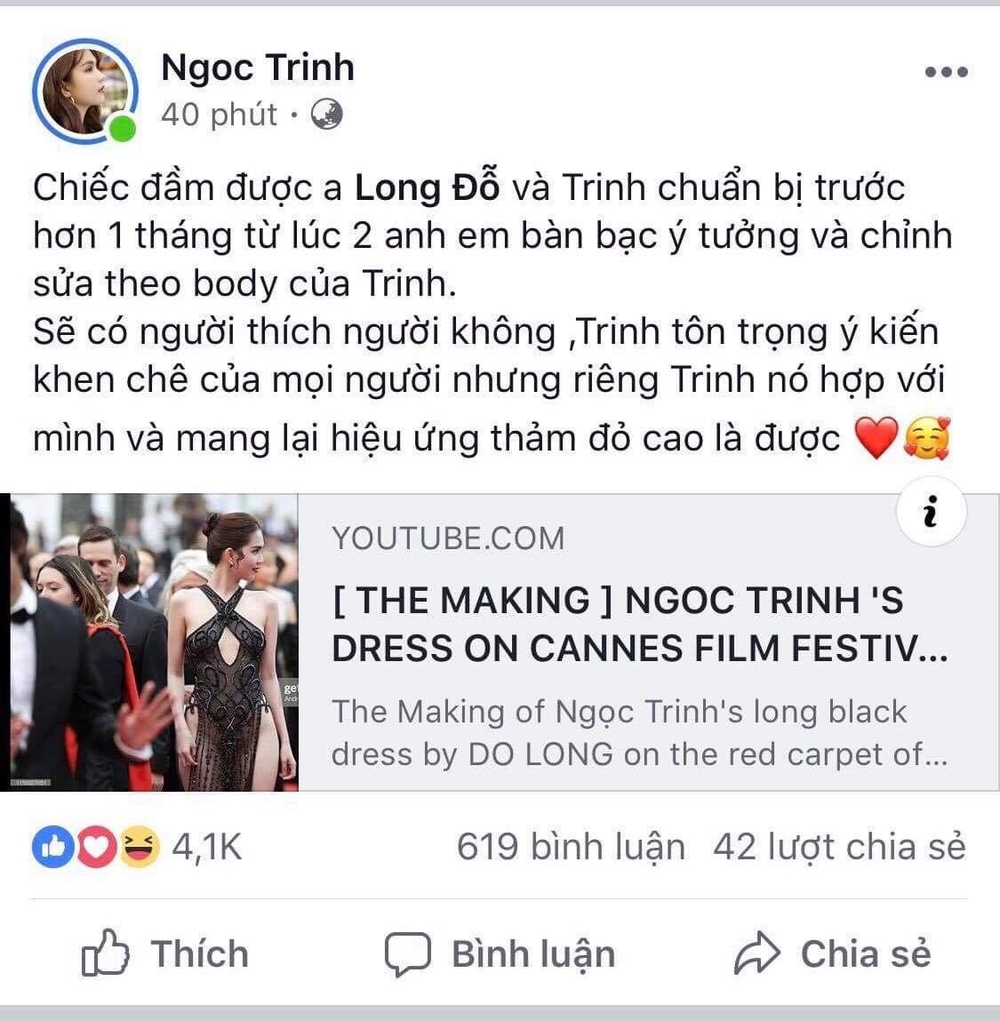 Ngọc Trinh lên tiếng khi bị chỉ trích hở bạo ở LHP Cannes: 