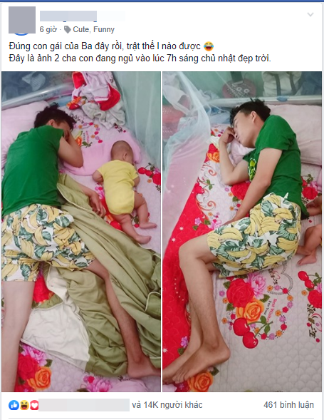  
Một dân mạng chia sẻ khoảnh khắc bố con ngủ với tư thế giống nhau thu hút nhiều lượt thích và bình luận.