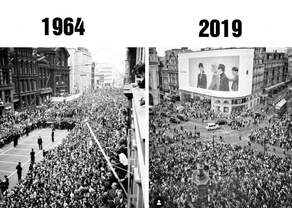  
Bức ảnh so sánh giữa sự kiện của The Beatles và sự kiện chiếu quảng cáo của BTS.