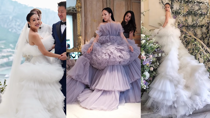 
Feiping may đến 2 bộ đầm cưới couture từ nhà thiết kế Giambattista Valli, trong đó bộ màu tím được làm hoàn toàn bằng lụa.