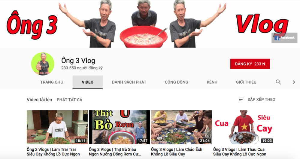  
Trang Vlog của ông Ba cũng nhận được hơn 233 ngàn subs.