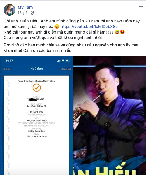  
Mỹ Tâm đã nhanh chóng chuyển tiền ủng hộ nhạc sĩ Xuân Hiếu khi vừa biết tin.