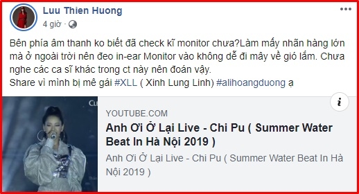  
Lưu Thiên Hương chia sẻ màn hát live Anh ơi ở lại lạc giọng, chênh phô của Chi Pu.