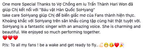  
Dòng trạng thái Thu Minh viết cảm ơn So Hyang trên trang cá nhân - Tin sao Viet - Tin tuc sao Viet - Scandal sao Viet - Tin tuc cua Sao - Tin cua Sao