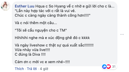  
Đoạn bình luận của Hari Won bên dưới bài viết của Thu Minh - Tin sao Viet - Tin tuc sao Viet - Scandal sao Viet - Tin tuc cua Sao - Tin cua Sao