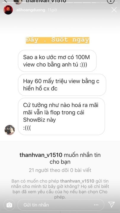  
Ali Hoàng Dương chụp lại màn hình đoạn tin nhắn của anti-fan