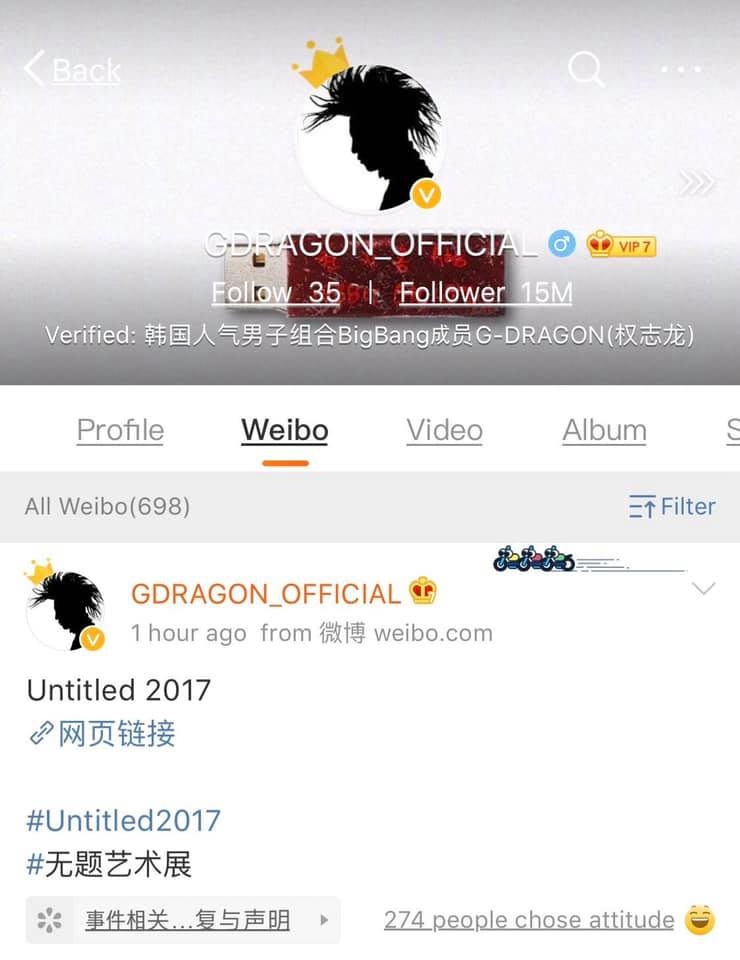 
G-Dragon cập nhật mạng xã hội Weibo.