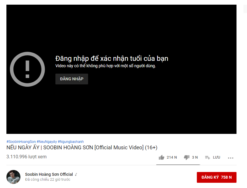  
MV mới của Soobin Hoàng Sơn đã gắn mác 16+ nhưng vẫn YouTube bị giới hạn dộ tuổi người xem - Tin sao Viet - Tin tuc sao Viet - Scandal sao Viet - Tin tuc cua Sao - Tin cua Sao