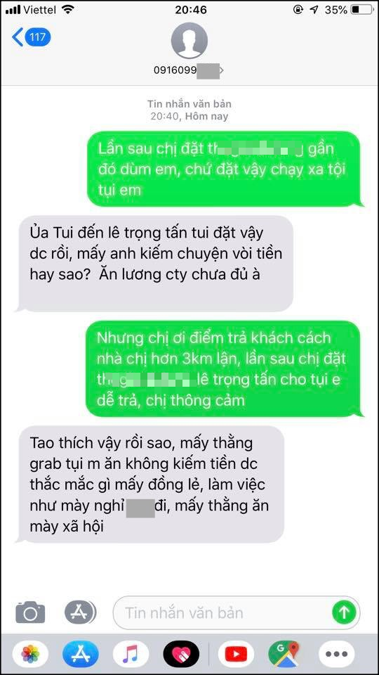  
Đoạn tin nhắn của vị nữ khách hàng đã buông lời miệt thị anh chàng tài xế xe ôm công nghệ