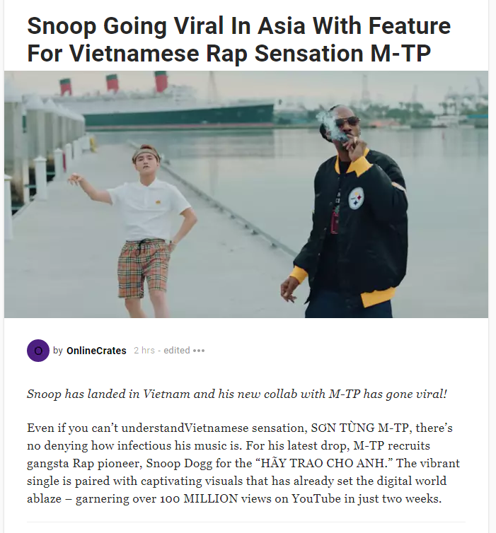  
Theo tạp chí AllHipHop, danh tiếng của rapper Snoop Dogg đã được “thăng hạng” tại châu Á sau khi tham gia MV Hãy Trao Cho Anh. - Tin sao Viet - Tin tuc sao Viet - Scandal sao Viet - Tin tuc cua Sao - Tin cua Sao