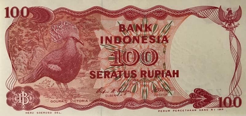  
Hình ảnh một chú chim bồ câu vương miện Victoria in trên đồng tiền 100 rupi của Indonesia (khoảng 160.000 đồng VN).