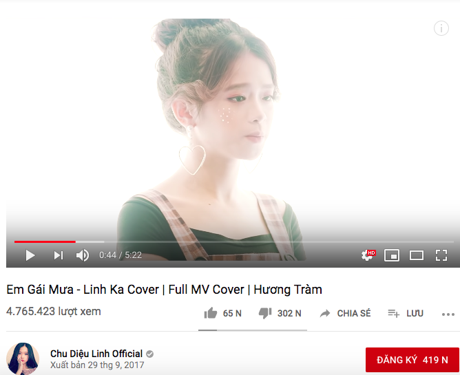  
Đứng nhất là Linh Ka với MV cover Em Gái Mưa.