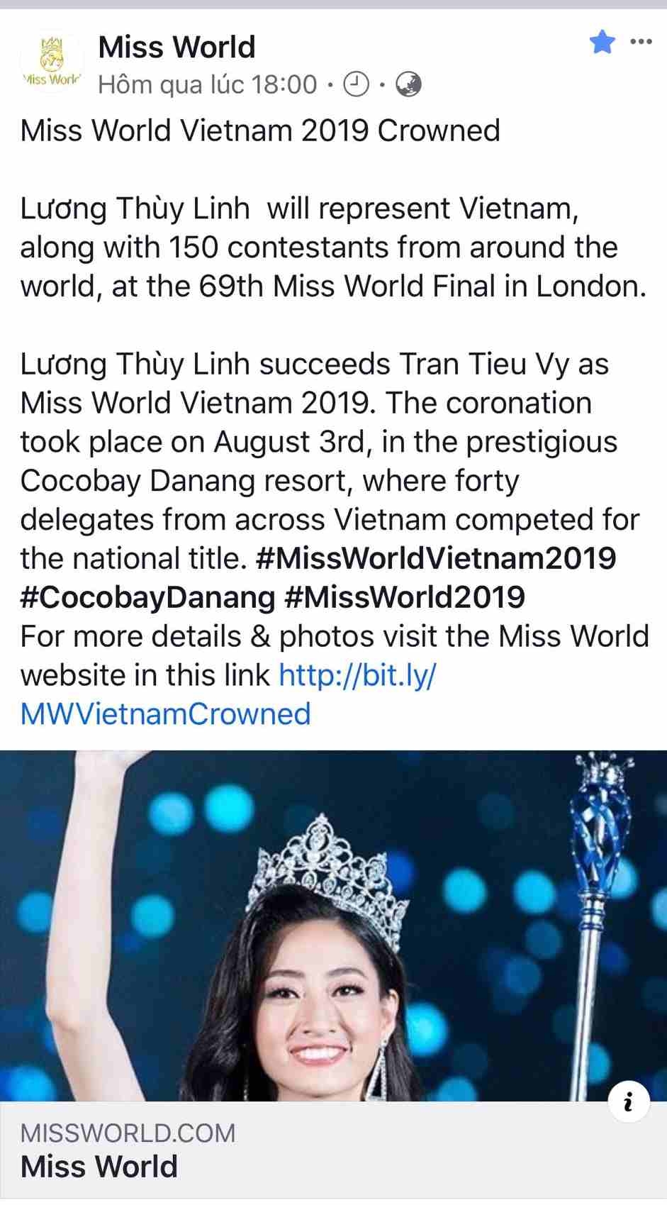 Vừa đăng quang, Hoa hậu Lương Thùy Linh đã xuất hiện trên trang chủ Miss World - Tin sao Viet - Tin tuc sao Viet - Scandal sao Viet - Tin tuc cua Sao - Tin cua Sao