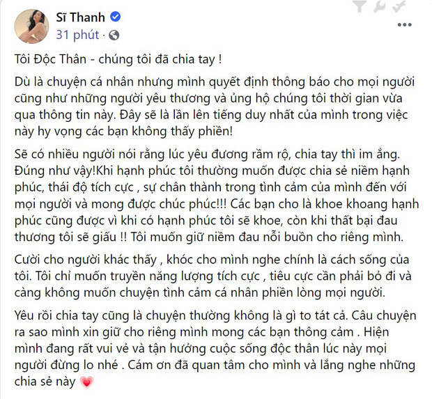  
Sĩ Thanh công khai sau nhiều dấu hiện rạn nức - Ảnh chụp màn hình