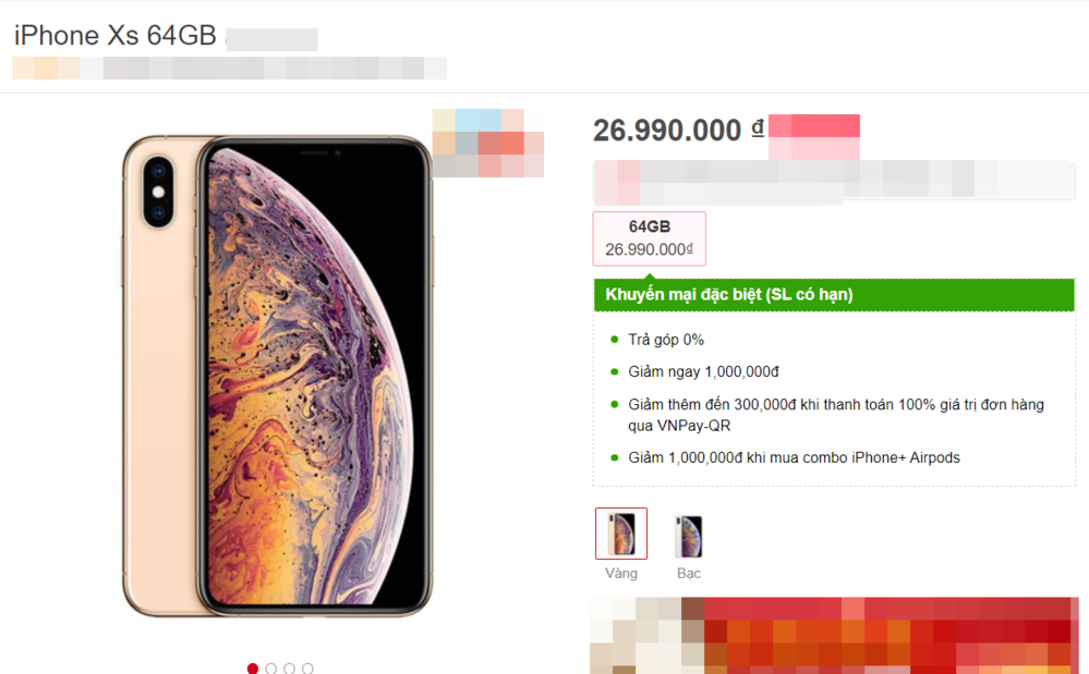  
Giá iPhone XS phiên bản 64G được điều chỉnh xuống còn 27 triệu đồng (Ảnh chụp màn hình)