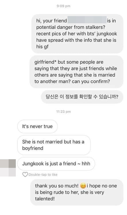  
Sau đó xuất hiện đoạn tin nhắn khẳng định Jungkook và cô gái trong hình chỉ là bạn bè.