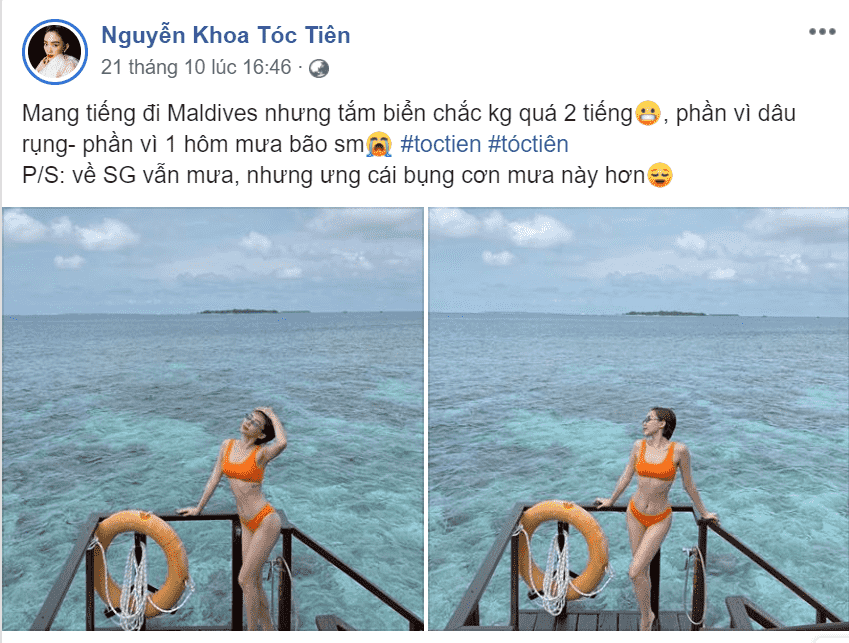  
Nữ ca sĩ đăng tấm hình được cho là đẹp nhất chụp ở Maldives kèm trạng thái ngậm ngùi: "Mang tiếng đi Maldives nhưng tắm biển chắc không quá 2 tiếng, phần vì dâu rụng, phần vì 1 hôm mưa bão."