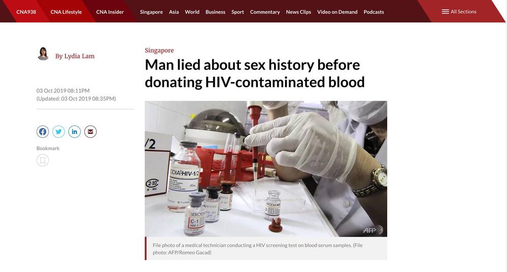  
Theo trang Channel News Asia đưa tin về người đàn ông đồng tính cung cấp sai thông tin xét nghiệm (Ảnh chụp màn hình)