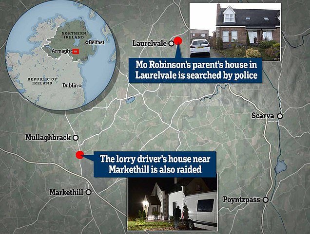  
Hai ngôi nhà mà cảnh sát Bắc Ireland đột kích, một ngôi nhà thuộc về người lái xe tải ở Markethill và ngôi nhà kia thuộc về cha mẹ của anh ta ở Laurelvale. (Ảnh: MailOnline)