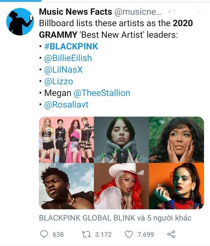  
BLACKPINK được nhắc đến như một nghệ sĩ có khả năng được đề cử cho hạng mục Nghệ sĩ mới xuất sắc nhất tại Grammy 2020. (Ảnh: chụp màn hình).