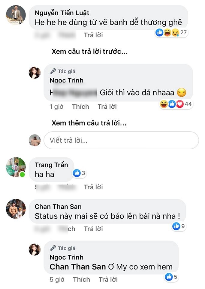  
Tiến Luật, Trang "khàn" và Chan Than San bình luận Ngọc Trinh.