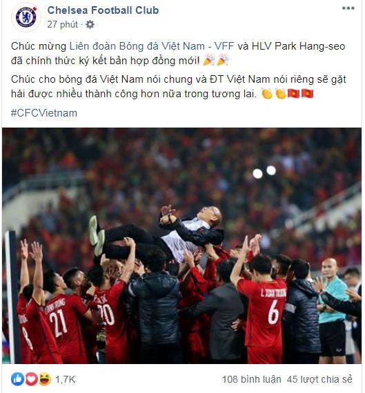  
Fanpage CLB Chelsea gửi lời chúc mừng HLV Park Hang-seo và Liên đoàn Bóng đá Việt Nam (Ảnh chụp màn hình)