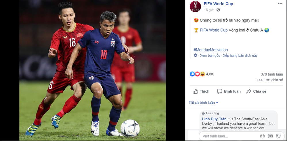  
FIFA World Cup đăng tải hình ảnh trận đấu giữa Việt Nam và Thái Lan.