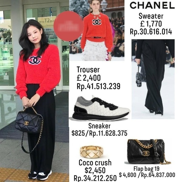  
Jennie chọn bộ thiết kế đơn giản, kết hợp giữa chiếc Chanel lông dáng sweater đỏ và quần ống suông tông đen. Vẫn như thường lệ, idol trang diểm nhẹ nhàng, đeo thêm những phụ kiện đắt đỏ để hoàn thiện set đồ.Tổng trang phục lên đến 300 triệu của thành viên BLACKPINK. ​