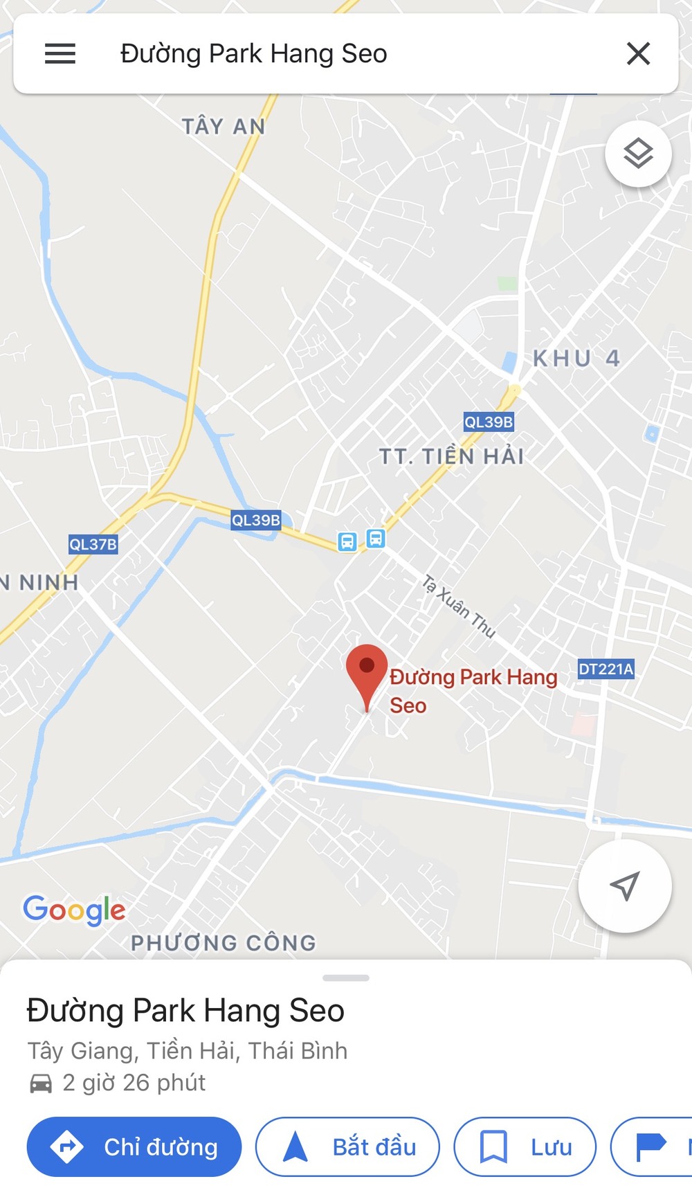  
Một bất ngờ khác khi tìm kiếm đường Park Hang Seo trên Google Maps thì bất ngờ cho ra kết quả thực sự có con đường này tại Thái Bình. (Ảnh: Chụp màn hình)