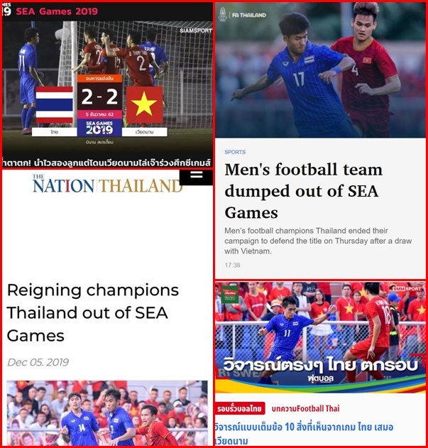  
Các trang báo xứ Chùa Vàng nhanh chóng lên bài mổ xẻ sau thất bại đầy cay đắng của U22 Thái Lan tại SEA Games 30. (Ảnh: The Nation, Bangkok Post, Siam Sport, SMM Sport).