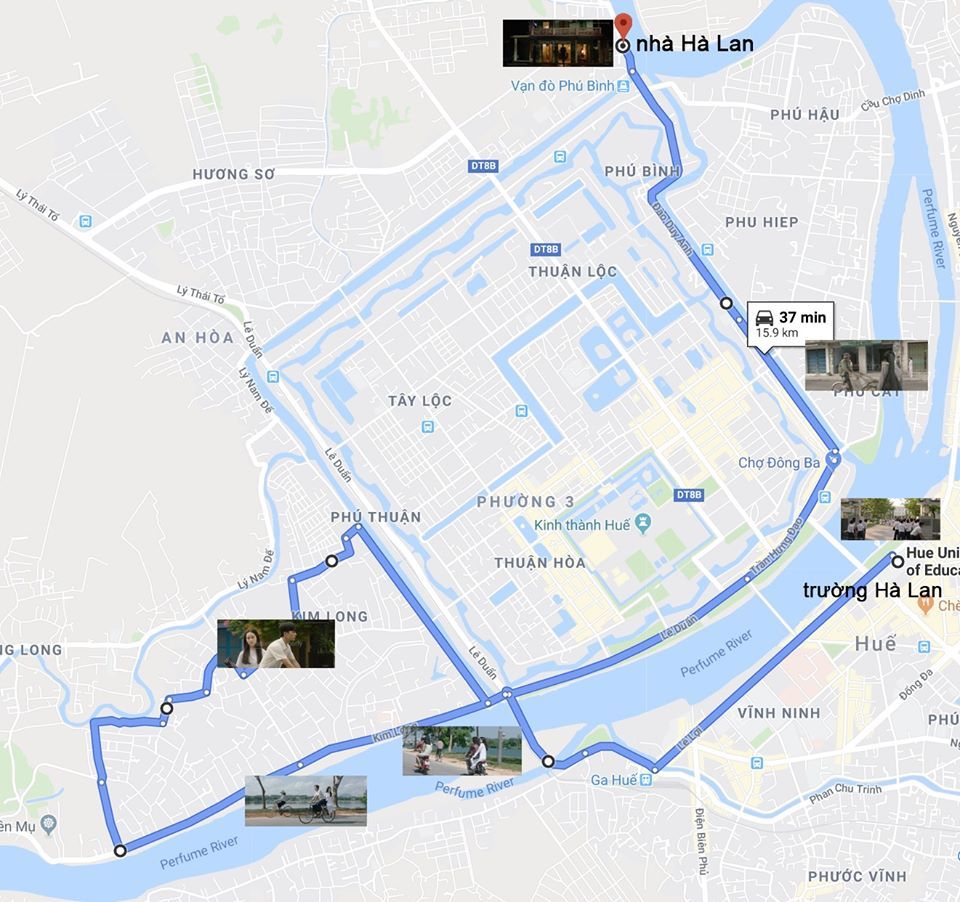  
Bản đồ cho thấy ngày nào Ngạn cũng cho Hà Lan làm một tour quanh thành phố Huế 2 tiếng đồng hồ mới về. Ảnh: Duc. Truong Huyen