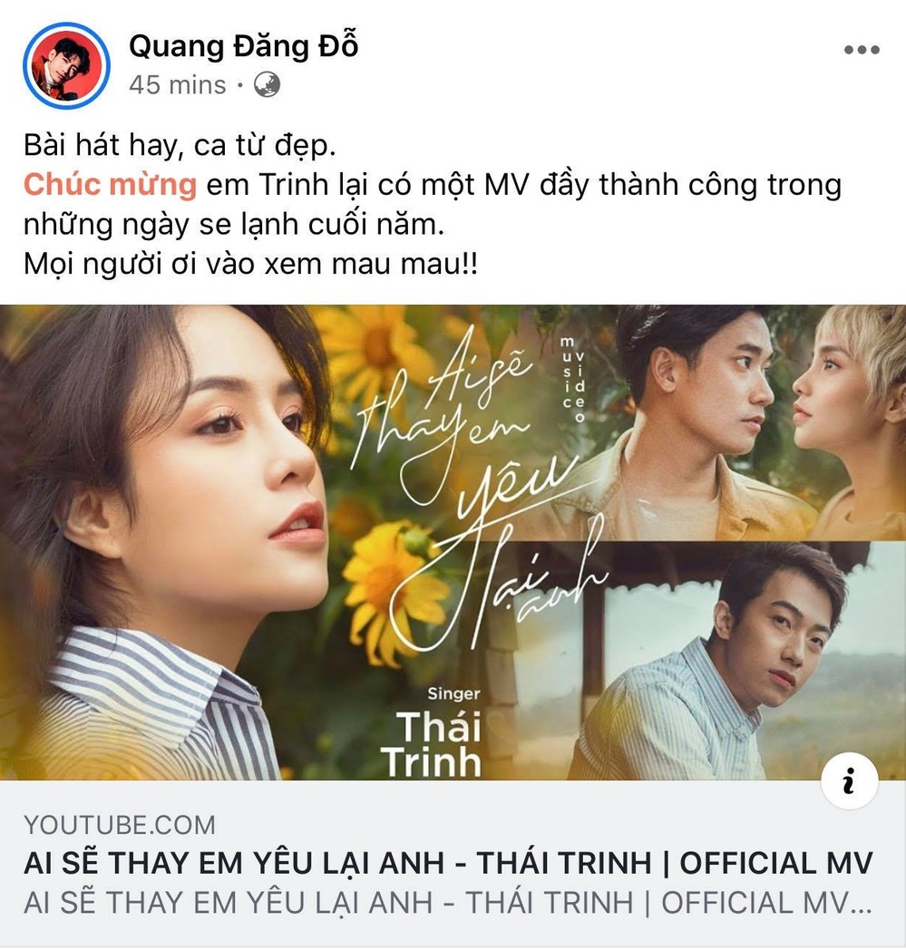 Quang Đăng vẫn ủng hộ MV ám chỉ người thứ 3 của Thái Trinh