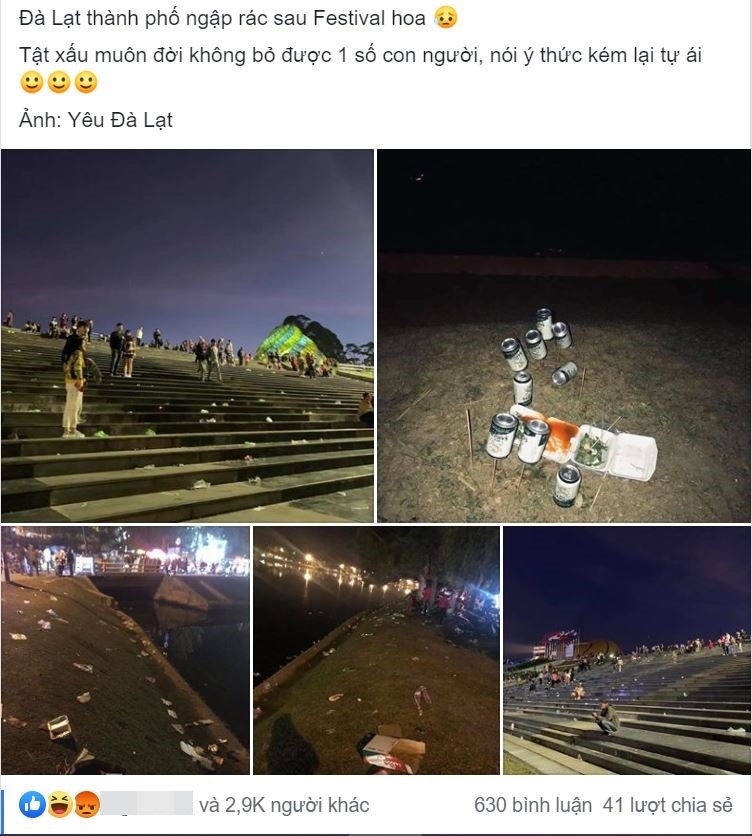  
Bài đăng trên mạng xã hội bức xúc vì Đà Lạt lại ngập trong rác sau lễ hội. (Ảnh: Chụp màn hình).