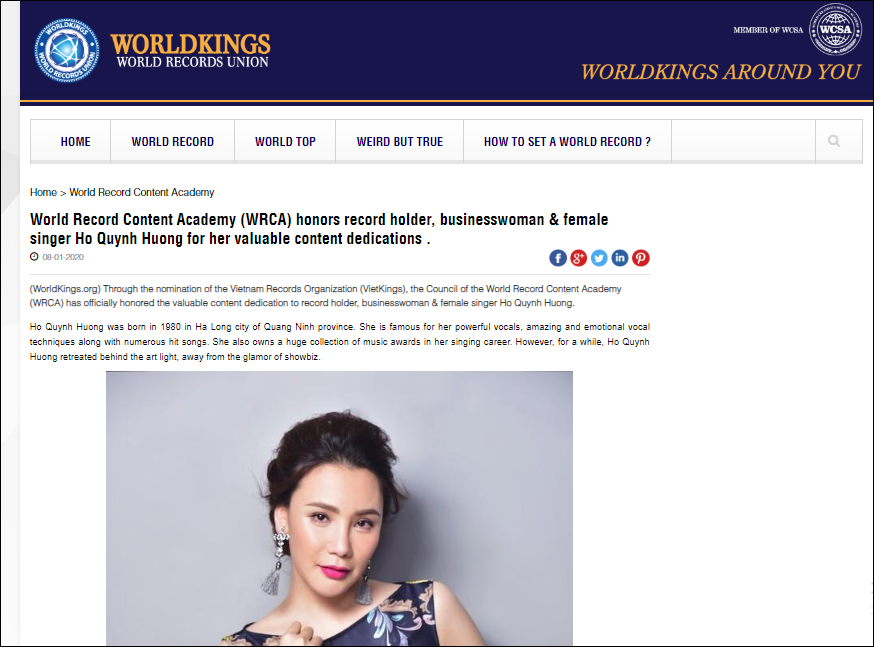  
Thành công của nữ ca sĩ được vinh danh trên trang web của Tổ chức kỷ lục thế giới WorldKings. - Tin sao Viet - Tin tuc sao Viet - Scandal sao Viet - Tin tuc cua Sao - Tin cua Sao