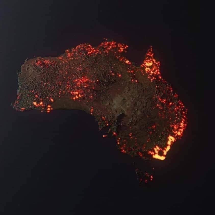  
Bức ảnh được chụp từ vệ tinh của NASA về tình hình hiện tại của nước Úc, nhưng có khá nhiều người hiểu nhầm rằng đám cháy đã lan rộng trên khắp đất nước Úc. (Ảnh: NASA)