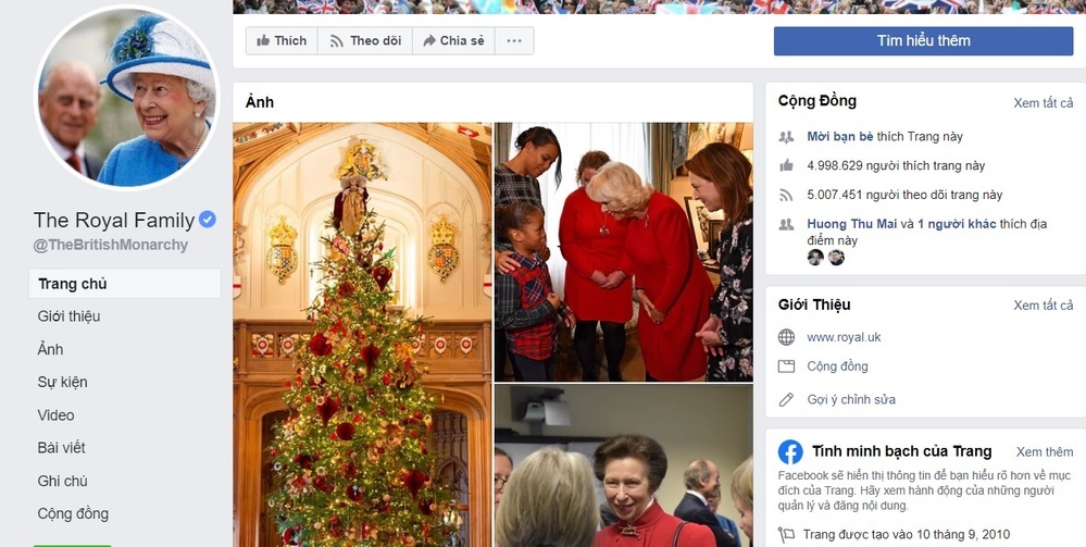  
Fanpage của Hoàng gia Anh có hơn 5 triệu lượt theo dõi trên Facebook.