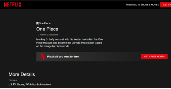  
Netflix đăng tải thông tin trình chiếu One Piece trên trang chủ. Ảnh chụp màn hình: Netflix