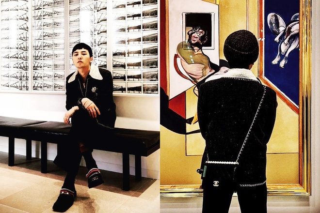  
Thủ lĩnh BIGBANG không chỉ thường xuyên diện túi đeo chéo mà anh còn không ngại thử sức với phụ kiện ngọc trai. 