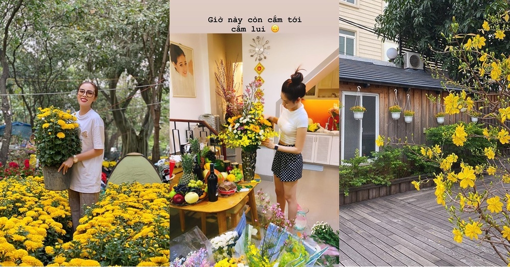  
Kỳ Duyên đi mua hoa, Tăng Thanh Hà khoe cây mai của nhà mình, Nam Thư bận trang trí nhà cửa. (Ảnh: Instagram).
