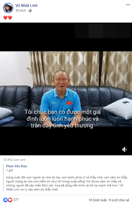  
Nhật Linh chia sẻ clip chúc phúc của thầy Park trên trang cá nhân (Ảnh chụp màn hình)