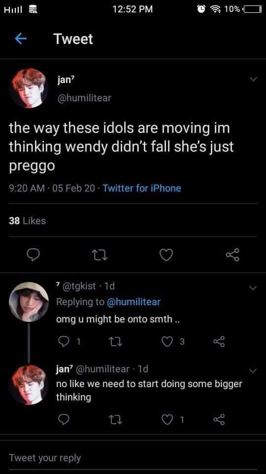  
Một fan BTS đăng dòng trạng thái, đặt nghi vấn Wendy mang bầu. (Ảnh: Twitter)