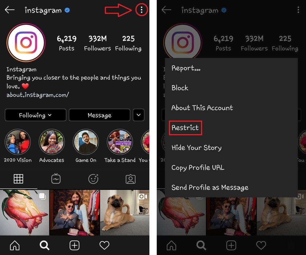  
Cách kích hoạt tính năng "Restrict/ Hạn chế" đối với một tài khoản Instagram.