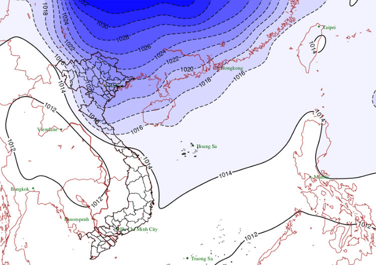  
Đường đi của gió mùa Đông Bắc theo dự báo mới nhất (Ảnh: NCHMF)