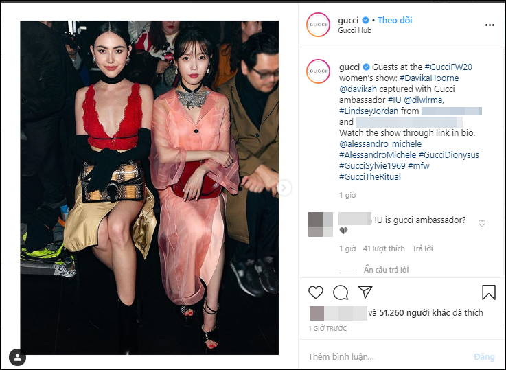  
Instagram chính thức của Gucci đã thông báo IU trở thành đại sứ thương hiệu chính thức. Ảnh: Chụp màn hình