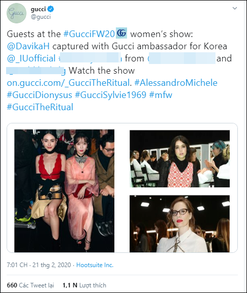  
Trên Twitter của Gucci bổ sung rõ ràng hơn khi nhắc đến giọng ca Love Poem sẽ là đại sứ thương hiệu tại Hàn Quốc. Ảnh: Chụp màn hình
